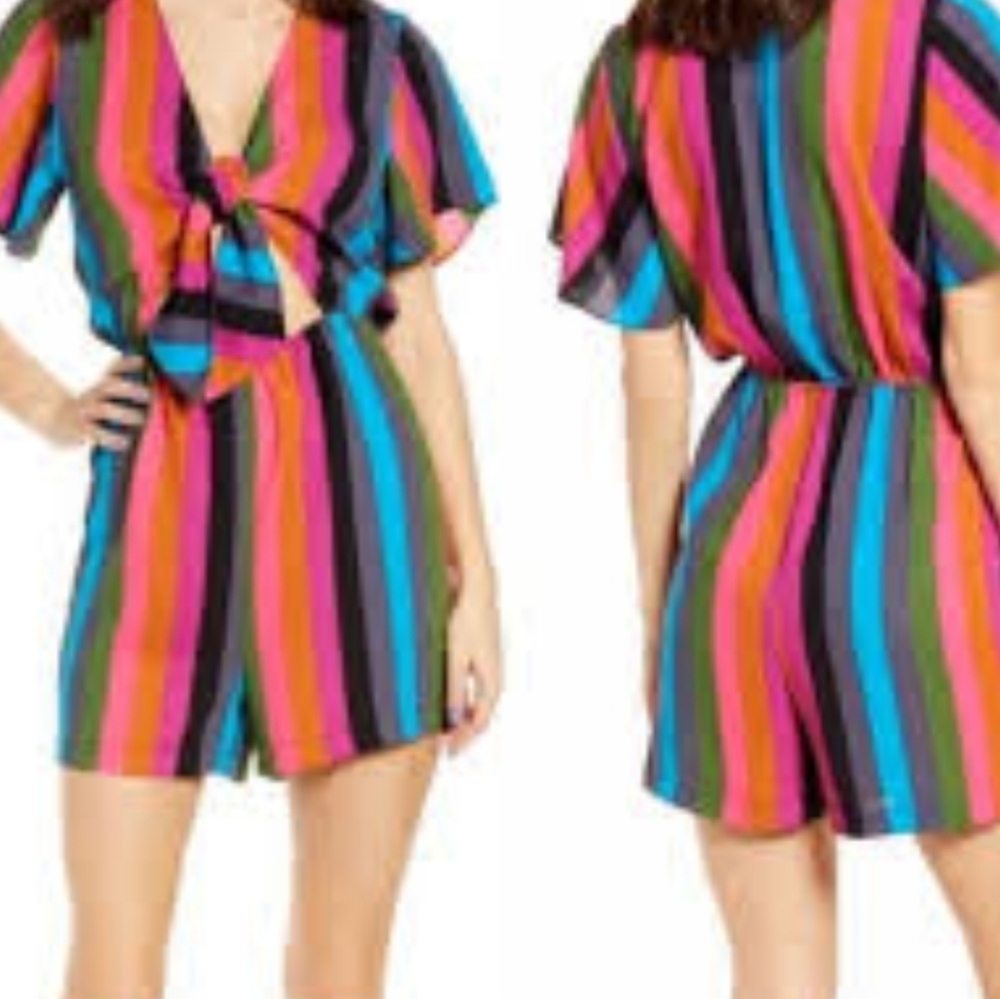 Leith medium rainbow stripe front tie romper